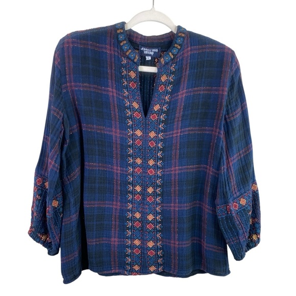 Johnny Was Women’s Vika Paris Effortless Blue Plaid Embroidered Top Blouse Sz S - Picture 1 of 12
